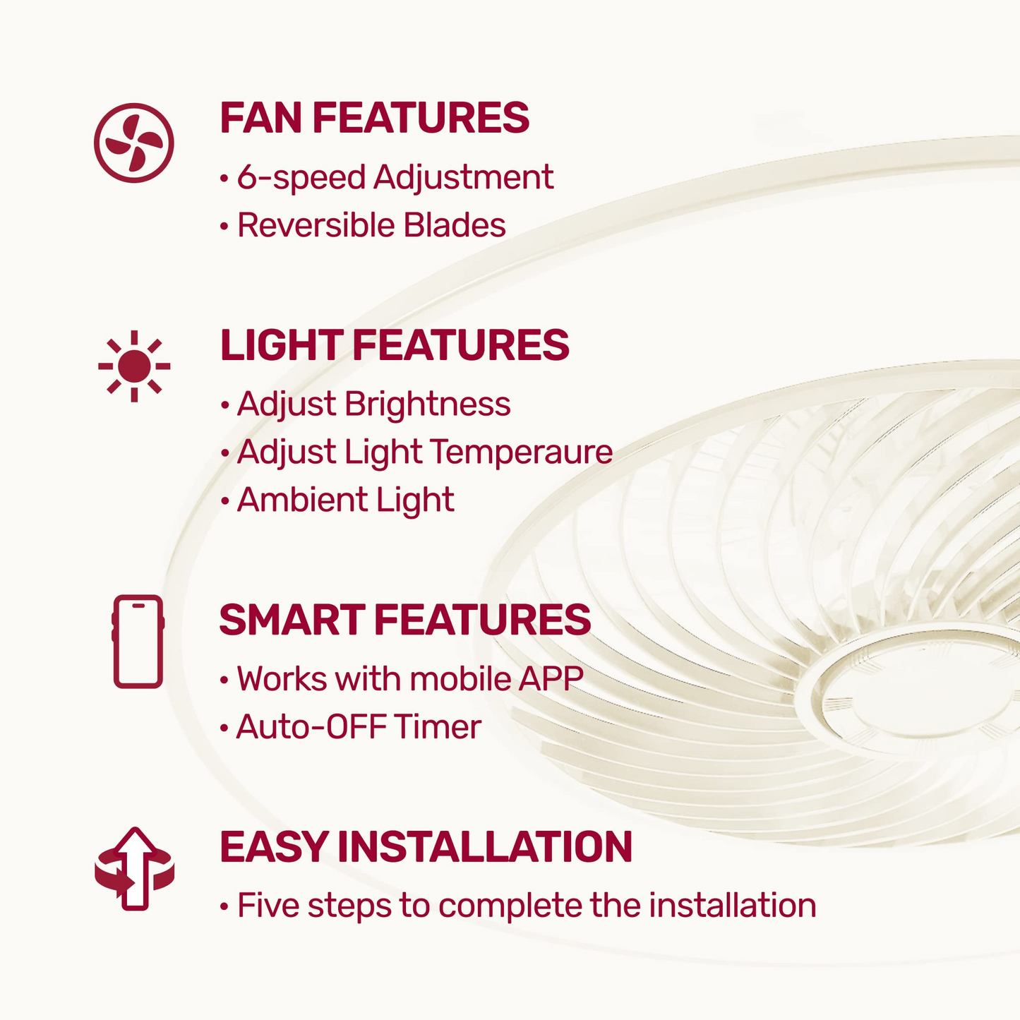 22" Upgraded Ceiling Fans with Lights and Remote & APP Control with Reversible Noiseless Blades